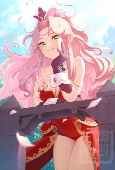 Rule 34 | 1girl, against railing, angela (seiken densetsu 3), bare shoulders, black cross tie, commentary request, cowboy shot, detached collar, falling petals, gloves, gold trim, green eyes, hat, head on hand, leotard, long hair, looking at viewer, mini hat, parted bangs, parted lips, petals, pink hair, pink petals, pointy ears, ponytail, purple gloves, purple hat, railing, red leotard, red skirt, seiken densetsu, seiken densetsu 3, showgirl skirt, sidelocks, skirt, smile, solo, strapless, strapless leotard, taruneko2006, white wrist cuffs, wrist cuffs