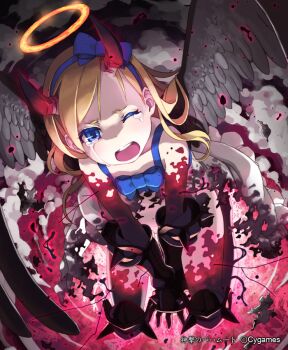 10s 1girl angel armor bad_id bad_pixiv_id black_wings blonde_hair blue_eyes bow burning corruption dress eve_lishia feathers female_focus gauntlets hair_bow halo horns ivurishia len_(a-7) long_hair official_art open_mouth shingeki_no_bahamut solo tears torn_clothes transformation watermark white_dress wince wings