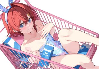1girl absurdres ange_katrina animal_ears bare_legs bare_shoulders blue_eyes blue_leotard blush closed_mouth collarbone drink_carton fake_animal_ears feet_out_of_frame flat_chest hair_ornament hairclip hand_on_own_chest highres in_shopping_cart leotard looking_at_viewer lying milk_carton nijisanji nikuya_mugi on_back playboy_bunny rabbit_ears red_hair shopping_cart short_hair simple_background single_hair_intake smile solo strapless strapless_leotard tearing_up virtual_youtuber
