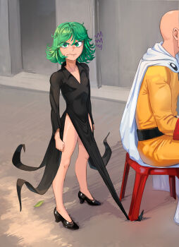 1boy 1girl bald biting_own_lip black_dress black_shoes bodysuit cape covered_navel dress flipped_hair full_body gloves green_eyes green_hair hashtag-only_commentary high_heels highres jumpsuit looking_at_viewer medium_hair one-punch_man pic_chick_pic red_gloves saitama_(one-punch_man) shoes sitting solo_focus standing stuck superhero_costume tatsumaki thighs v-shaped_eyebrows white_cape yellow_jumpsuit