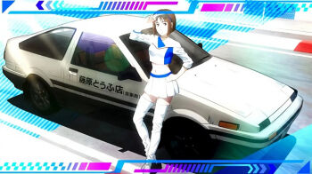 1girl ae86 alternate_costume belly blunt_bangs bob_cut breasts brown_eyes brown_hair car cosplay costume crop_top fujiwara_takumi&#039;s_toyota_trueno_ae86 high_boots high_heels initial_d lipstick makeup medium_breasts midriff mogi_natsuki motor_vehicle official_art race_queen race_track race_vehicle racecar racetrack shin_gekijouban_initial_d short_hair skirt sunglasses thighs toyota toyota_sprinter_trueno