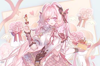 1girl absurdres alternate_costume breasts cake cake_slice chinese_commentary commentary_request dress elysia_(hi_love_elf)_(honkai_impact) elysia_(honkai_impact) food fork happy_birthday heart highres holding holding_cake holding_food holding_fork honkai_(series) honkai_impact_3rd lao_muyu long_hair multicolored_hair open_mouth pink_dress pink_hair purple_eyes smile solo twintails two-tone_hair very_long_hair white_hair