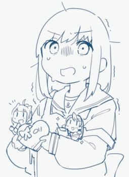 Rule 34 | absurdres, akashi (kancolle), blush, box, breasts, chibi, clipboard, commentary request, fairy (kancolle), fubuki (kancolle), fubuki kai ni (kancolle), hair down, heart-shaped box, highres, kantai collection, layered sleeves, lineart, long sleeves, ma rukan, medium breasts, mini person, minigirl, nervous sweating, school uniform, serafuku, short over long sleeves, short sleeves, sweat, trembling, upper body, yuubari (kancolle)