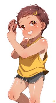 1girl black_shorts blush born-to-die brown_eyes brown_hair collarbone cookie eating fang flat_chest food food_in_mouth food_on_face grin hair_ornament hairclip holding holding_cookie holding_food loli looking_at_viewer one-piece_tan original piper_(born-to-die) shirt short_hair shorts smile standing tan tank_top tanline teeth tomboy v white_background yellow_shirt