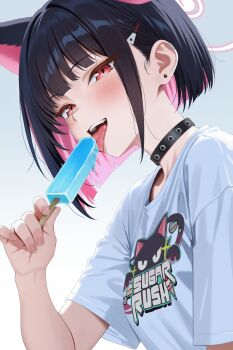 1girl absurdres animal_ears bigpicklesman black_hair blue_archive breasts cat_ears colored_inner_hair commentary extra_ears food halo highres kazusa_(band)_(blue_archive) kazusa_(blue_archive) looking_at_viewer multicolored_hair official_alternate_costume pink_hair popsicle shirt short_hair small_breasts solo tongue tongue_out