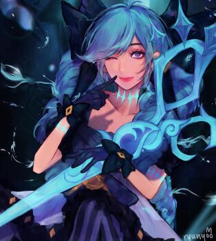 Rule 34 | 1girl, ;), antenna hair, artist name, black bow, black gloves, blue eyes, blue hair, blurry, blurry background, body markings, bow, breasts, closed mouth, collarbone, commentary, dress, drill hair, english commentary, finger to mouth, frilled dress, frills, glove bow, gloves, glowing markings, gwen (league of legends), hair bow, highres, holding, holding scissors, index finger raised, knee up, league of legends, lips, long hair, looking at viewer, one eye closed, oversized object, pantyhose, purple pupils, ryunyoo, scissors, shadow, short sleeves, sitting, smile, solo, striped clothes, striped pantyhose, swept bangs, symbol-shaped pupils, twin drills, weapon, x-shaped pupils