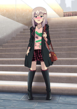 1girl alternate_costume black_boots black_coat blush boko_(girls_und_panzer) boots brown_bag casual character_charm charm_(object) checkered_clothes checkered_skirt coat collarbone commentary_request crocodile crocodilian girls_und_panzer grey_eyes grey_hair hair_ornament hairpin itsumi_erika jewelry knee_boots long_hair necklace ouryoku_(o-ryoku) pink_shirt shirt skirt stairs