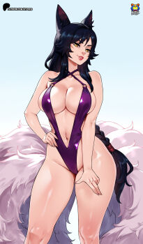 1girl absurdres ahri_(league_of_legends) animal_ear_fluff animal_ears black_hair breasts cleavage collarbone facial_mark fox_ears fox_girl fox_tail groin hand_on_own_hip highres kitsune kyoffie kyuubi large_breasts league_of_legends lips long_hair multiple_tails navel one-piece_swimsuit parted_lips plunging_neckline purple_one-piece_swimsuit solo stomach swimsuit tail thighs very_long_hair whisker_markings yellow_eyes