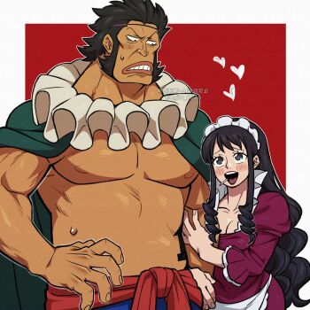 Rule 34 | 1boy, 1girl, :d, absurdres, apron, arm hug, artist name, baby 5, black eyes, black hair, blush, blush stickers, border, breasts, cape, cigarette, cleavage, clenched teeth, collarbone, commentary, dress, drill hair, drill sidelocks, eyelashes, frilled sleeves, frills, green cape, heart, highres, juliet sleeves, kageimo, large breasts, long hair, long sleeves, looking at another, looking down, maid headdress, number tattoo, one piece, open mouth, outside border, pectorals, puffy sleeves, purple dress, raised eyebrows, red background, red sash, sai (one piece), sash, short hair, sideburns, sidelocks, smile, sweatdrop, symbol-only commentary, tattoo, teeth, thick neck, three-quarter sleeves, tongue, twitter username, upper teeth only, v-shaped eyebrows, very long hair, waist apron, watermark, white apron, white border