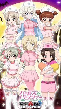 6+girls adjusting_hair aki_(girls_und_panzer) anchovy_(girls_und_panzer) bare_arms bat_(animal) belt blonde_hair blue_eyes blue_jacket blush bow bow_legwear braid breasts brown_eyes brown_hair copyright_name cropped_shirt cross darjeeling_(girls_und_panzer) drill_hair earrings expressionless frilled_shirt frilled_skirt frilled_thighhighs frills full_moon garter_straps girls_und_panzer girls_und_panzer_senshadou_daisakusen! gradient_background green_eyes green_hair grin hair_bow halloween_costume hand_on_own_arm hand_on_own_forehead hat heart high_heels highres holding holding_pillow holding_thermometer house infrared_thermometer jacket jewelry layered_skirt legs long_hair long_sleeves looking_at_viewer low_twintails midriff mikko_(girls_und_panzer) miniskirt moon multiple_girls navel nurse nurse_cap official_art official_wallpaper one_eye_closed open_mouth orange_background pantyhose parted_lips pillow pink_belt pink_bow pink_hat pink_pantyhose pink_shirt pink_skirt pink_thighhighs pleated_skirt puffy_short_sleeves puffy_sleeves red_eyes sawa_azusa shirt shoes short_hair short_sleeves short_twintails skirt small_breasts smile socks sparkle standing standing_on_one_leg strappy_heels swept_bangs thermometer thigh_strap thighhighs thighs tree twin_drills twintails white_hat white_shoes white_socks white_thighhighs wrist_cuffs youko_(girls_und_panzer)