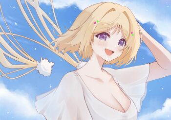 1girl :d absurdres aki_rosenthal alternate_breast_size_(larger) alternate_costume blonde_hair blouse blue_sky blush bob_cut breasts cleavage commentary_request detached_hair hand_on_own_head highres hololive large_breasts long_hair looking_at_viewer low_twintails nyu-tan94 open_mouth parted_bangs purple_eyes see-through_clothes see-through_shirt see-through_silhouette shirt short_hair short_sleeves sky smile solo twintails upper_body virtual_youtuber white_shirt wind