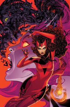 Rule 34 | 2girls, amaranth (marvel), avengers (series), bat (animal), black horns, black leggings, brown hair, colored sclera, comic cover, commentary, curly hair, demon, dress, english commentary, floating hair, gloves, glowing, green eyes, highres, horns, jewelry, leggings, long hair, looking at viewer, magic, marvel, monster, multiple girls, no pupils, off-shoulder dress, off shoulder, official art, open mouth, orange background, orange sclera, pink hair, profile, red dress, red leggings, red lips, ring, russell dauterman, scarlet witch, superhero costume, teacher and student, teeth, two-tone leggings, wanda maximoff, witch