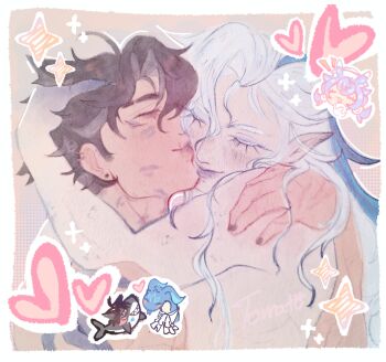 Rule 34 | 2boys, absurdres, animalization, arm around neck, black hair, blue hair, commentary, dragon, english commentary, eyelashes, genshin impact, hand in another's hair, heart, highres, kiss, kissing cheek, lipstick mark, long pointy ears, male focus, multicolored hair, multiple boys, neuvillette (genshin impact), nude, parted hair, person and animalization, pointy ears, rinrinstomato, shark, sharp teeth, streaked hair, teeth, white hair, wriothesley (genshin impact), yaoi