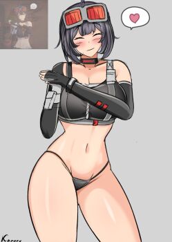 1girl artist_name black_gloves black_hair black_panties black_sports_bra breasts cleavage commentary fingerless_gloves game_screenshot_inset gloves goggles goggles_on_head grace_howard grey_background heart highres kanarushino large_breasts midriff navel panties reference_inset screenshot_inset short_hair simple_background smile solo spoken_heart sports_bra thighs underwear zenless_zone_zero zipper_top
