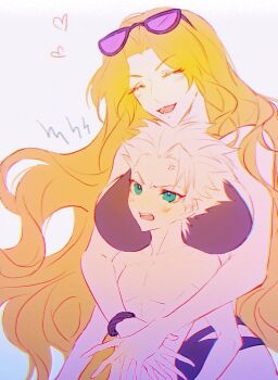 1boy 1girl age_difference anger_vein between_breasts bikini black_bikini bleach breasts breasts_on_shoulders chromatic_aberration closed_eyes commentary_request eyewear_on_head green_eyes head_between_breasts heart height_difference highres hitsugaya_toushirou hitsuran99 hug hug_from_behind long_hair matsumoto_rangiku mole mole_under_mouth onee-shota open_mouth orange_hair scrunchie smile sunglasses swimsuit very_long_hair white_hair wrist_scrunchie