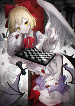2girls absurdres bat_wings blonde_hair board_game bow brooch brown_vest center_frills chess chess_piece chessboard commentary fang feathered_wings frilled_hat frilled_sleeves frills gengetsu_(touhou) hair_bow hat hat_ribbon head_tilt highres in-franchise_crossover jewelry long_sleeves mob_cap multiple_girls pawn_(chess) playing_chess puffy_long_sleeves puffy_sleeves purple_hair queen_(chess) red_bow red_eyes red_ribbon remilia_scarlet ribbon rokuya_(68_zusao) rook_(chess) shirt short_hair sitting smile touhou touhou_(pc-98) trait_connection upper_body vest white_hat white_shirt white_wings wings yellow_eyes