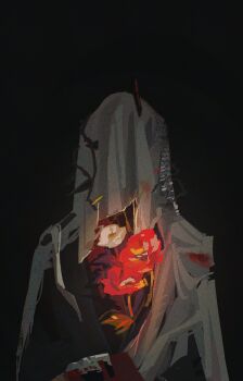 Rule 34 | 1boy, absurdres, black background, black coat, charon (reverse:1999), coat, covered face, flower, glowing flower, highres, male focus, oji-sama (ochi4t), poppy (flower), red flower, reverse:1999, solo, upper body, veil, white flower, white veil