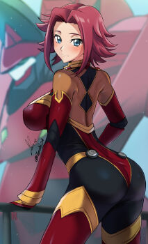 1girl absurdres ass blue_eyes blush bodysuit breasts closed_mouth code_geass commentary cowboy_shot flipped_hair guren_(code_geass) guren_mk-ii hair_intakes hand_on_railing highres knightmare_frame kouzuki_kallen large_breasts looking_at_viewer md5_mismatch mecha median_furrow multicolored_bodysuit pilot_suit red_hair revision robot science_fiction short_hair signature skin_tight smile turning_head twitter_username yoo_tenchi