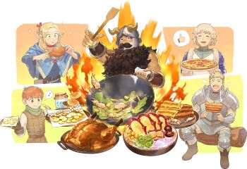 2girls 3boys armor beard belt blonde_hair blue_capelet blue_hood blue_robe book boots braid brown_belt brown_boots brown_eyes brown_hair capelet chainmail chilchuck_tims choker closed_eyes cooking cooking_pot dungeon_meshi dwarf eating elf facial_hair fake_horns falin_touden falin_touden_(tallman) fingerless_gloves fire food full_beard game_cg gloves green_eyes helmet highres holding holding_cooking_pot holding_food holding_pizza holding_spatula hood hood_down hooded_capelet horned_helmet horns jar laios_touden leather_armor long_beard long_hair marcille_donato multiple_boys multiple_girls muscular muscular_male musical_note mustache neck_warmer non-web_source official_art open_mouth pants pauldrons pizza plate_armor pointy_ears red_choker robe senshi_(dungeon_meshi) short_hair shoulder_armor sitting sleeveless smile solid_circle_pupils sparkle spatula spoken_musical_note spoken_thumbs_up sword_of_convallaria thick_mustache twin_braids two-tone_robe very_long_beard white_pants white_robe wok