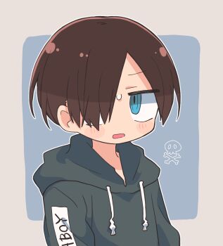 1boy black_hoodie blue_background blue_eyes blush_stickers boku_no_kokoro_no_yabai_yatsu border brown_hair commentary_request drawstring hair_over_one_eye hood hood_down hoodie ichikawa_kyoutarou looking_at_viewer male_focus open_mouth outline outside_border richard_(richaball) short_hair simple_background skull_and_crossbones solo sweatdrop upper_body white_border white_outline