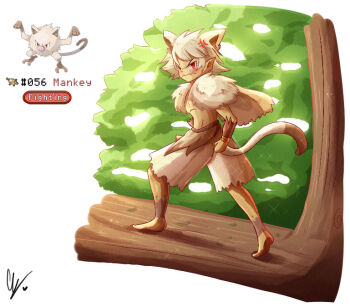 Rule 34 | 1boy, anger vein, animal ears, barefoot, blush, cape, endifi, full body, gen 1 pokemon, grey cape, grey hair, grey shorts, in tree, looking at viewer, male focus, mankey, monkey tail, nintendo, personification, pointy ears, pokemon, pokemon (creature), red eyes, reference inset, short hair, shorts, signature, tail, tree, wavy mouth