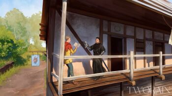 Rule 34 | 2boys, artist name, black coat, black hair, blonde hair, blood, blood on clothes, blood on face, blue pants, blue sky, blush, book, brown shoes, building, cape, coat, commentary, commission, english commentary, flower, forest, from side, full body, gauntlets, hans capon, henry of skalitz, highres, holding, holding book, holding flower, holding sword, holding weapon, jacket, kingdom come: deliverance ii, looking at another, male focus, multiple boys, nature, open mouth, outdoors, pants, red cape, sabaton, shadow, shoes, short hair, sky, smile, standing, sword, tworain w, watermark, weapon, wooden door, yellow jacket