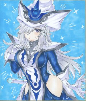 Rule 34 | 1girl, blue background, breasts, clothing cutout, gloves, grey hair, hair over one eye, hat, highres, hip vent, ichinose haruka, long hair, marker (medium), purple eyes, silent magician, sparkle, tabard, traditional media, white gloves, white hat, white tabard, wizard hat, yu-gi-oh!
