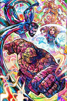 Rule 34 | 1girl, 3boys, abstract background, artist name, ben grimm, black gloves, blonde hair, blue bodysuit, blue eyes, blue jumpsuit, blue pants, bodysuit, building, burning, clenched hand, clenched hands, colored skin, colorful background, dynamic pose, electricity, energy barrier, energy beam, extendable limbs, fantastic four, fiery hair, fighting stance, fire, flying, glint, gloves, highres, human torch, johnny storm, jumpsuit, lipstick, makeup, male focus, marvel, muffin top, multicolored bodysuit, multicolored hair, multiple boys, muscular, muscular male, orange skin, pants, partially invisible, pyrokinesis, red lips, reed richards, rock, rock skin, science fiction, shiny skin, short hair, signature, sky, solo, solo focus, spandex, stretching, sue storm, superhero costume, technology, topless male, two-tone bodysuit, two-tone hair, vinartwork, western comics (style)