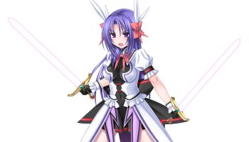 Rule 34 | 1girl, blush, bow, breasts, dual wielding, energy sword, game cg, gloves, hair bow, hair ornament, hair ribbon, higuchi isami, holding, holding weapon, large variant set, long hair, looking at viewer, magical girl, mahou shoujo sae, medium breasts, murakami shizuru, non-web source, official art, open mouth, purple eyes, purple hair, ribbon, short sleeves, solo, sword, transparent background, variant set, weapon