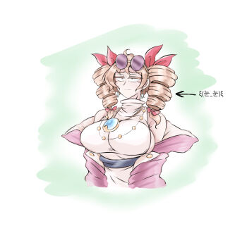 1girl breasts brown_eyes brown_hair closed_mouth coat commentary_request drill_hair expressionless eyewear_on_head half-closed_eyes jewelry large_breasts medium_hair pendant purple_coat round_eyewear sideboob solo sunglasses touhou turtleneck twin_drills upper_body xian_gu yorigami_jo&#039;on