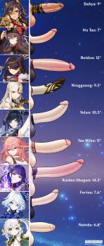 6+futa absurdres animal_ears artist_name beidou_(genshin_impact) blue_eyes blue_hair brown_hair commentary commission dehya_(genshin_impact) english_commentary eyepatch furina_(genshin_impact) futanari genshin_impact gloves green_eyes grey_hair hair_between_eyes hat highres hu_tao_(genshin_impact) kushishekku large_penis looking_at_viewer multiple_futa nahida_(genshin_impact) ningguang_(genshin_impact) patreon_username penis penis_chart penis_size_difference pink_hair pointy_ears purple_eyes raiden_shogun red_eyes smile sword testicles veins veiny_penis watermark weapon white_hair yae_miko yelan_(genshin_impact)