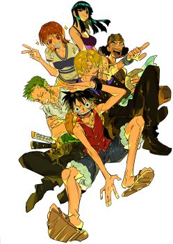 absurdres black_hair black_pants blonde_hair blue_shorts breasts buttons character_request cleavage full_body green_hair grin highres large_breasts long_hair long_nose looking_at_viewer monkey_d._luffy nami_(one_piece) one_piece open_mouth orange_hair pants red_shirt roronoa_zoro sanji_(one_piece) shirt short_hair shorts simple_background sleeveless sleeveless_shirt smile teeth v white_background xi_luo_an_ya