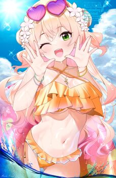 1girl alternate_costume bikini blonde_hair blue_sky bracelet breasts cleavage day double_bun eyewear_on_head fang flower frilled_bikini frills green_eyes hair_bun hair_flower hair_ornament halterneck hands_up heart highres innertube jewelry large_breasts long_hair looking_at_viewer momosuzu_nene multicolored_hair navel one_eye_closed open_mouth orange_bikini outdoors partially_submerged sky smile solo sparkle standing stomach sunglasses swim_ring swimsuit two_side_up virtual_youtuber watermark wet