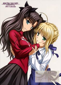 2girls absurdres ahoge artoria_pendragon_(fate) black_bow black_hair black_ribbon black_skirt blonde_hair blue_bow blue_eyes blue_neckerchief blue_ribbon blue_skirt blush bow braid breasts calendar embarrassed english_text fate/stay_night fate_(series) female_focus green_eyes hair_bow hair_bun hair_ornament hair_ribbon hand_on_another&#039;s_back hand_on_another&#039;s_cheek hand_on_another&#039;s_face hand_on_another&#039;s_hip hand_on_another&#039;s_waist highres hug ishihara_megumi long_hair long_skirt long_sleeves looking_at_viewer medium_breasts medium_hair miniskirt multiple_girls neckerchief open_mouth pleated_skirt red_shirt ribbon saber_(fate) sexually_suggestive shirt single_hair_bun skirt small_breasts smile studio_deen teeth tohsaka_rin twintails white_shirt yuri
