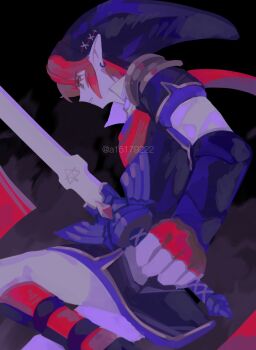 Rule 34 | 1boy, a15179222, alternate color, black hat, black tunic, boots, collared shirt, commentary request, earrings, fingerless gloves, gloves, grey pants, hat, highres, holding, holding sword, holding weapon, hyrule warriors, jewelry, link, male focus, master sword, nintendo, pants, parted lips, phrygian cap, pointy ears, red gloves, red hair, shirt, short hair, sidelocks, solo, sword, the legend of zelda, tunic, twitter username, weapon, white shirt