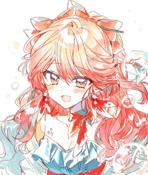 1girl arknights bow breasts bubble buchu14569590 earrings hair_between_eyes hair_bow haruka_(arknights) jewelry long_hair looking_at_viewer open_mouth orange_hair pointy_ears red_bow red_eyes red_scarf scarf smile solo upper_body white_background