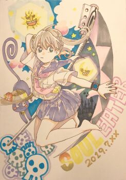 2019 2girls barefoot blair_(soul_eater) cat green_eyes grey_hair hat maka_albarn multiple_girls neckerchief otojirou pink_neckerchief sailor scythe short_twintails soul_eater twintails watch witch_hat wristwatch