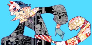 1boy arm_up blue_background blue_eyes blue_hair commentary english_commentary fox_(persona_5) fox_mask fox_tail from_side gloves highres kitagawa_yuusuke long_sleeves male_focus mask parted_lips persona persona_5 phantom_thief profile sash simple_background smile solo tail twinkanyl zipper