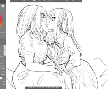 Rule 34 | 2girls, art program in frame, bang dream!, bang dream! it's mygo!!!!!, commentary, english commentary, extreme yuri buta, french kiss, greyscale, highres, holding hands, kiss, long hair, medium hair, misumi uika, monochrome, multiple girls, procreate (medium), short hair, sidelocks, sketch, togawa sakiko, unfinished, yuri
