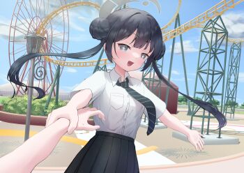 +_+ 1girl absurdres amusement_park black_hair blue_archive blue_sky cloud collared_shirt double_bun ferris_wheel grabbing_another&#039;s_arm grey_eyes hair_bun hand_grab highres kisaki_(blue_archive) outdoors pleated_skirt pov pulling_arm roller_coaster shirt skirt sky solo_focus star_(symbol) symbol_in_eye twinkle_eye twintails white_shirt yuni_yuni