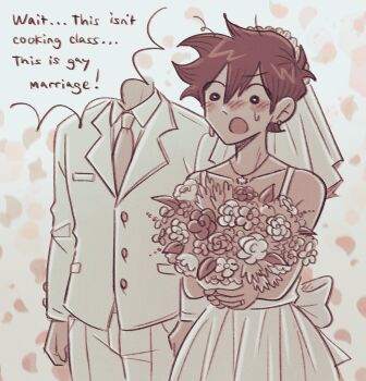 2boys antenna_hair black_eyes bouquet bridal_veil bright_pupils brown_hair brown_necktie collarbone collared_shirt commentary crossdressing crossdressing_(mtf) dark-skinned_male dark_skin double-parted_bangs dress earrings english_commentary flower formal_clothes hair_between_eyes hero_(faraway)_(omori) hero_(omori) highres holding holding_bouquet jewelry long_sleeves male_focus multiple_boys necktie omori open_mouth pants ring setosexual shirt speech_bubble suit sweatdrop veil white_dress white_pants white_pupils white_shirt white_suit yaoi