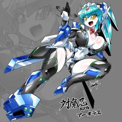 Rule 34 | 1girl, android, aqua hair, armor, arnetes, blush, breastplate, breasts, colored skin, covered navel, curvy, detached collar, fang, full body, high ponytail, highleg, highleg leotard, huge breasts, impossible clothes, joints, kouichi (kouichi-129), legs apart, leotard, long hair, looking at viewer, mecha musume, mechanical arms, mechanical hair, motion lines, narrow waist, no humans, open mouth, ponytail, robot girl, robot joints, see-through, see-through leotard, shiny skin, skin fang, smile, solo, taimanin (series), taimanin rpgx, thong leotard, title, translation request, white skin, wide hips, yellow eyes, zoom layer