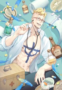 1boy anchor_tattoo bandages beard_stubble blonde_hair box collared_shirt commentary facial_hair feathers first_aid_kit glasses holding holding_stethoscope male_focus marco_(one_piece) medicine one_piece shadow shirt short_hair smile solo stethoscope stubble syringe tattoo white_shirt yoshicha