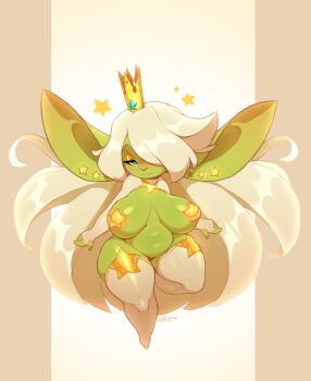 1girl absurdres breasts colored_skin crown female_goblin goblin green_skin hair_over_one_eye highres huffslove large_breasts large_ears long_hair original pasties plump regina_(huffslove) shortstack shrug_(clothing) solo star_(symbol) star_pasties thighhighs very_long_hair white_hair white_thighhighs wide_hips