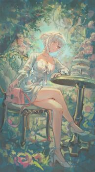 1girl absurdres blue_eyes bow bowtie crossed_legs dress eonyan_(chaeyang) faust_(project_moon) flower hair_bun high_heels highres leaf limbus_company long_sleeves looking_at_viewer parted_lips pink_bag pink_flower pink_rose plant project_moon puffy_long_sleeves puffy_sleeves rose shoes short_hair sidelocks sitting solo table tiered_tray vines white_bow white_bowtie white_dress white_hair white_shoes