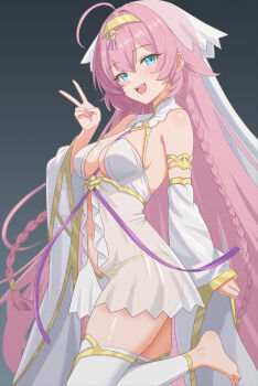 1girl absurdres ahoge armlet armpit_crease bare_shoulders barefoot blue_eyes braid breasts center_opening cleavage commentary cowboy_shot detached_sleeves dress epic_seven feet gold_trim gradient_background hairband hand_up highres jewelry konjou leg_up long_hair long_sleeves looking_at_viewer medium_breasts navel open_mouth panties pink_hair revealing_clothes see-through_clothes see-through_dress short_dress simple_background sleeveless sleeveless_dress smile solo standing standing_on_one_leg stomach tenebria_(epic_seven) thighhighs thighs toeless_legwear toes twin_braids underwear v veil very_long_hair white_dress white_panties white_thighhighs wide_sleeves witch_of_the_mere_tenebria_(epic_seven)