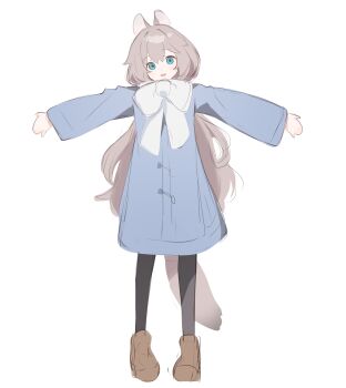 Rule 34 | 1girl, :d, absurdres, animal ears, black pantyhose, blue coat, blue eyes, boots, bow, brown boots, brown hair, coat, commentary request, full body, hair between eyes, head tilt, highres, long hair, long sleeves, looking at viewer, open mouth, original, outstretched arms, pantyhose, riya (01214), scarf, scarf bow, simple background, sketch, smile, solo, spread arms, standing, tail, very long hair, white background, white scarf, winter clothes