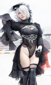 1girl 2b_(nier:automata) 2b_(nier:automata)_(cosplay) black_dress black_thighhighs blurry blurry_background breasts cleavage cleavage_cutout clothing_cutout cosplay_photo dress female_focus hair_over_one_eye juliet_sleeves large_breasts long_sleeves looking_at_viewer medium_dress mole mole_under_mouth nier:automata nier_(series) outdoors parted_lips photo_(medium) puffy_sleeves real_life short_hair smile solo sumire9144 teeth thighhighs white_hair