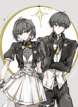 1boy 1girl absurdres ahoge antenna_hair asymmetrical_gloves belt black_gloves black_hair black_jacket black_pants blazer bob_cut border bow bowtie bracelet braid chinese_commentary clenched_hand closed_mouth collared_shirt commentary_request cowboy_shot cropped_jacket crossed_bangs dress dual_persona earrings empire_waist expressionless female_rover_(perpetual_spark)_(wuthering_waves) female_rover_(wuthering_waves) fingerless_gloves gloves grey_background grey_shirt hair_intakes hair_ornament half_gloves half_up_braid hand_on_own_chin hand_on_own_elbow highres jacket jewelry lapel_pin lapels long_sleeves looking_at_viewer male_rover_(perpetual_spark)_(wuthering_waves) male_rover_(wuthering_waves) mijiu163 neck_ribbon necktie notched_lapels open_clothes open_jacket pants parted_lips pleated_dress puffy_short_sleeves puffy_sleeves ribbon round_border rover_(wuthering_waves) school_uniform shirt short-sleeved_jacket short_dress short_hair short_sleeves shoulder_boards side-by-side simple_background single_earring sparkle sparkle_hair_ornament standing stroking_own_chin thigh_strap traditional_bowtie uneven_gloves v-neck very_short_hair vest waistcoat white_belt white_dress white_ribbon white_vest wuthering_waves yellow_bow yellow_bowtie yellow_eyes yellow_necktie