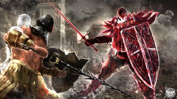 2boys absurdres armor armored_boots asaki_(asaki_vision) bearer_of_the_curse boots commentary commission cowboy_shot dark_souls_(series) dark_souls_ii duel english_commentary ghost grey_background helm helmet highres holding holding_shield holding_sword holding_weapon looking_at_another mask masked multiple_boys muscular muscular_male outdoors red_armor shield short_hair skeb_commission skirt smoke sword topless_male weapon yellow_skirt